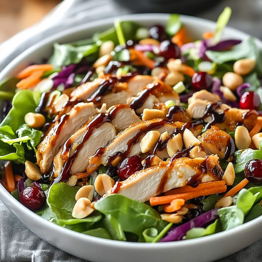 A bowl of salad with chicken and nuts.