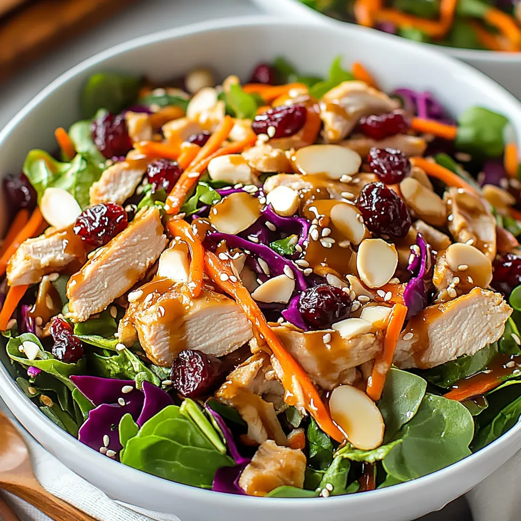 A bowl of chicken salad with carrots and cranberries.
