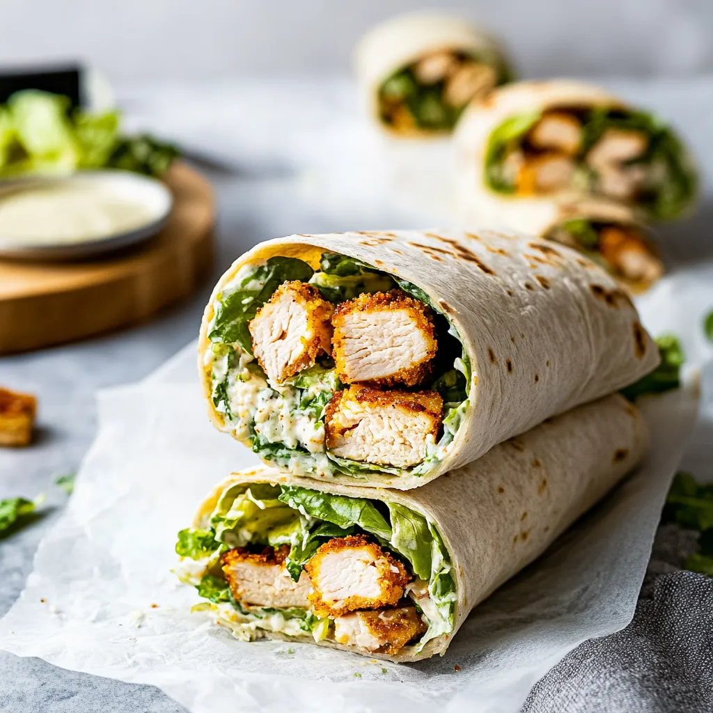 A chicken wrap with lettuce and sauce.