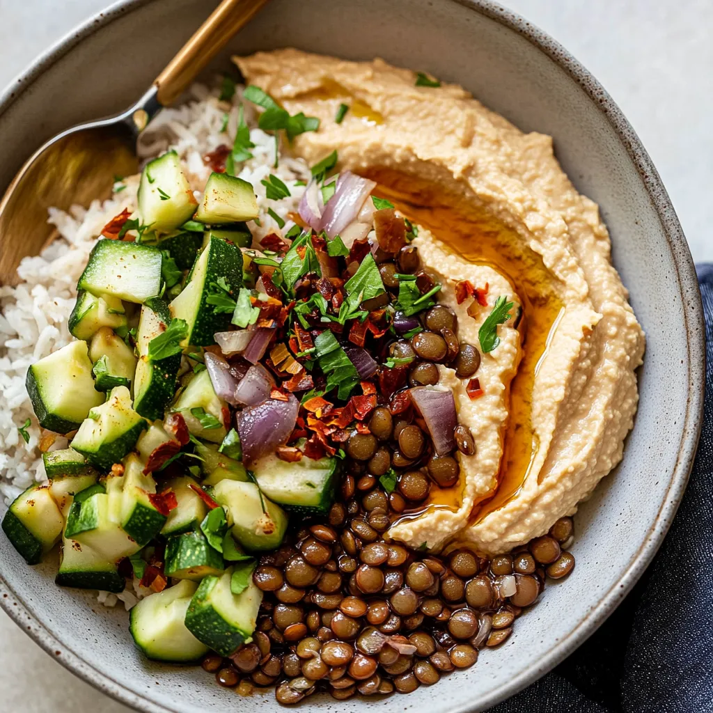A bowl of food with rice, beans, cucumbers, and hummus.