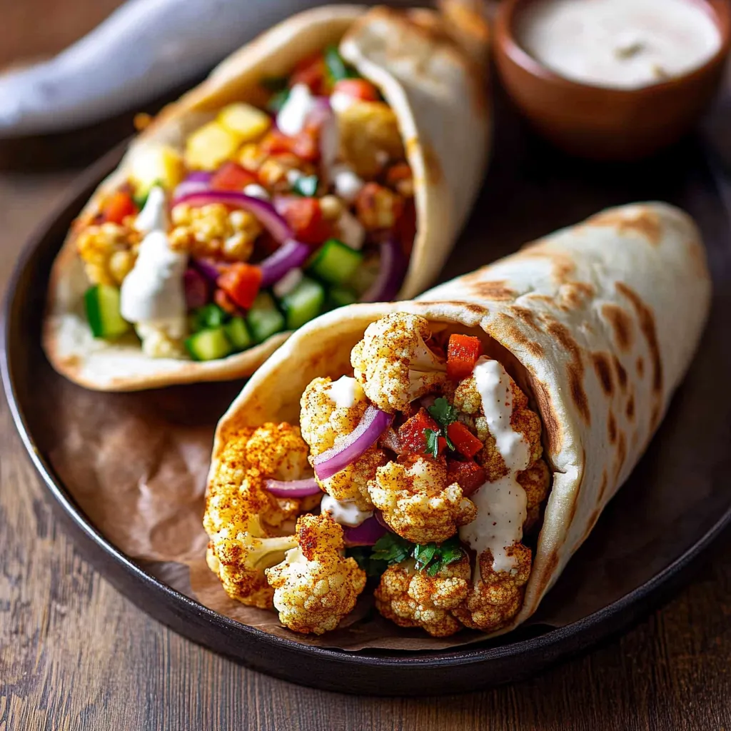 Two wraps filled with vegetables and sauce.