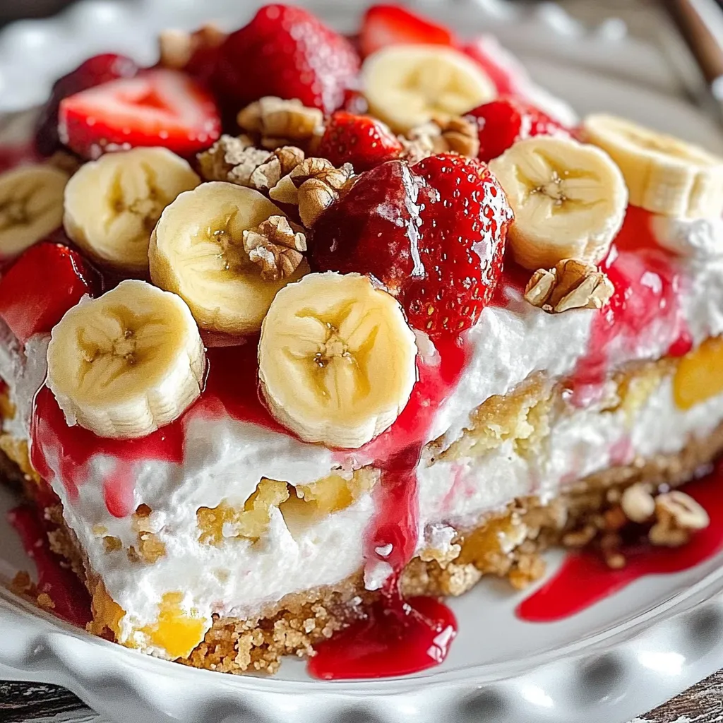 A slice of cake with bananas and strawberries.