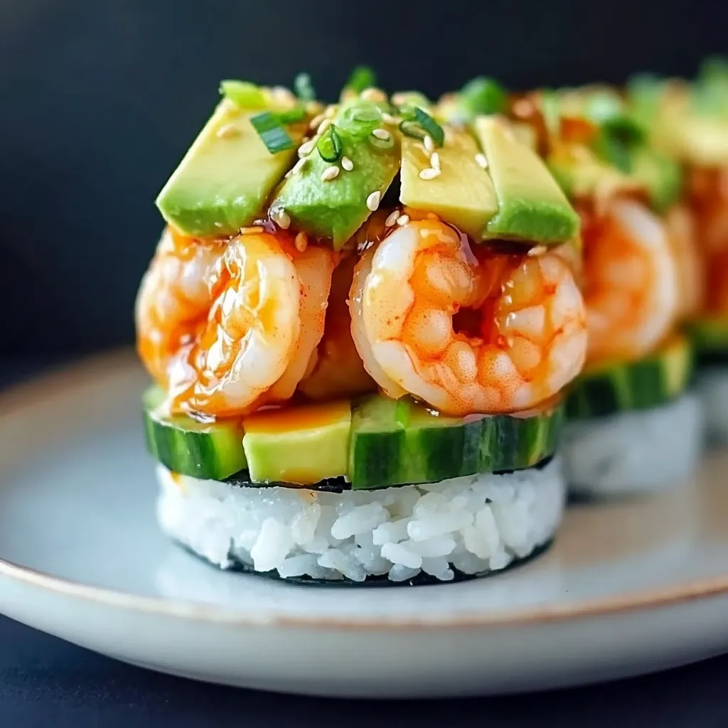 A plate of sushi with shrimp and avocado.