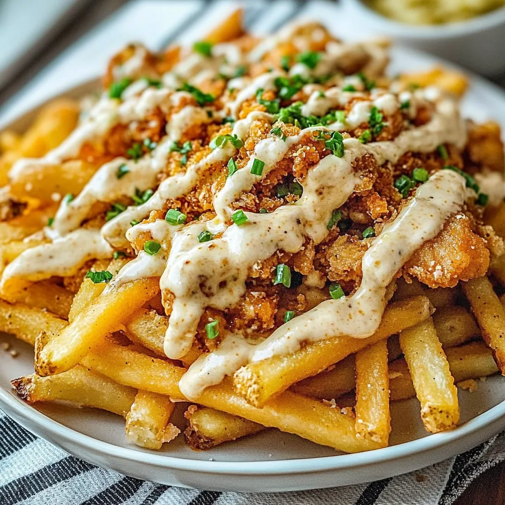 A plate of fries with cheese and sauce.