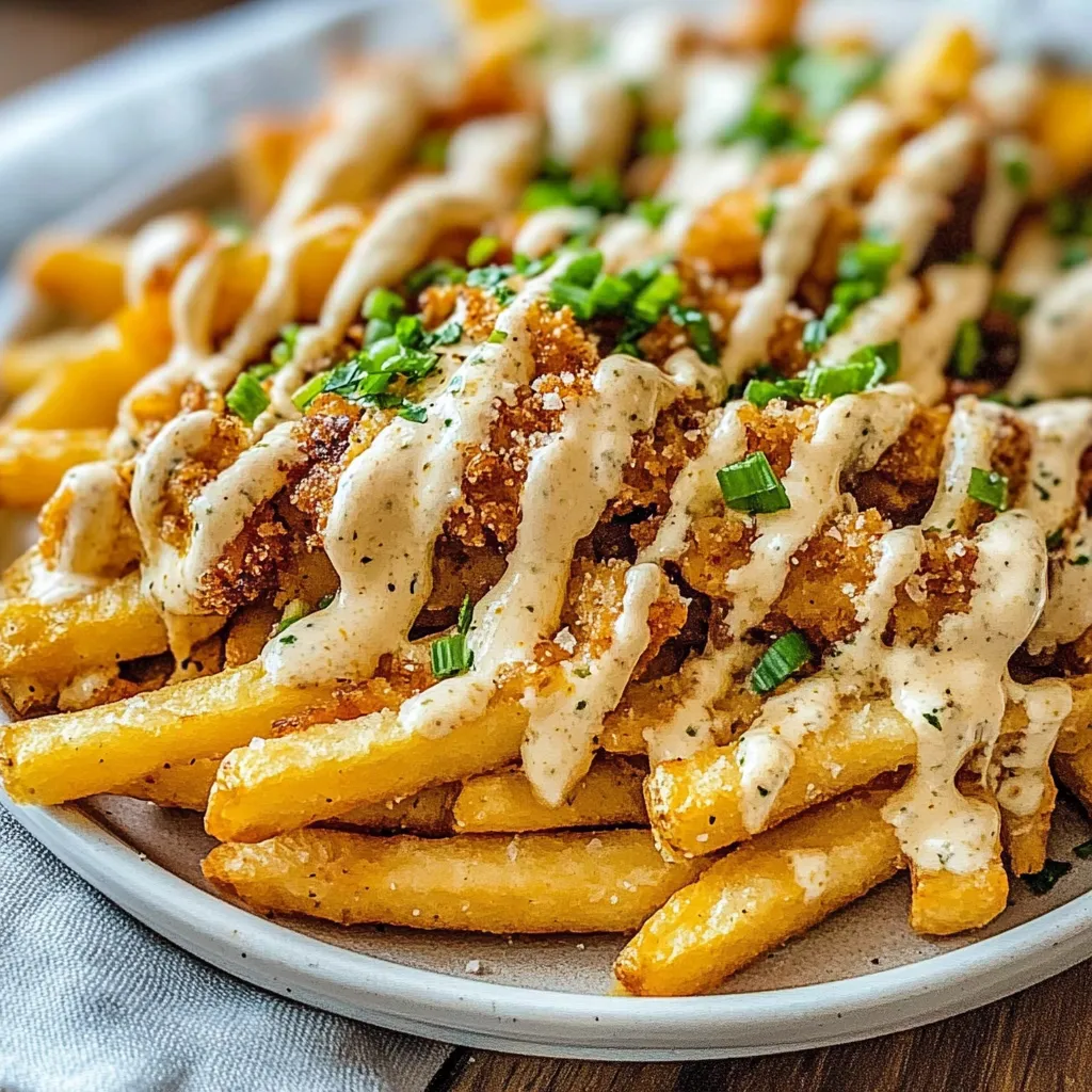 A plate of fries with cheese and sauce.