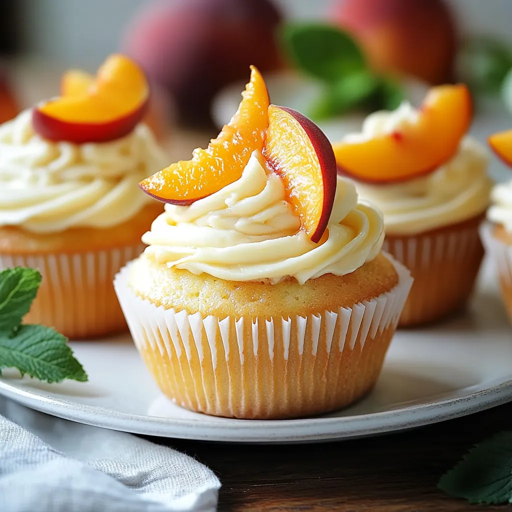 A cupcake with a peach slice on top.