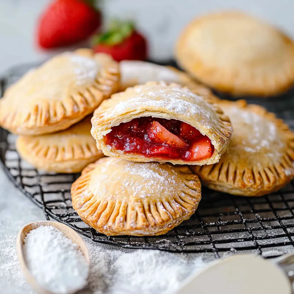 A plate of pastries with strawberries and jam.