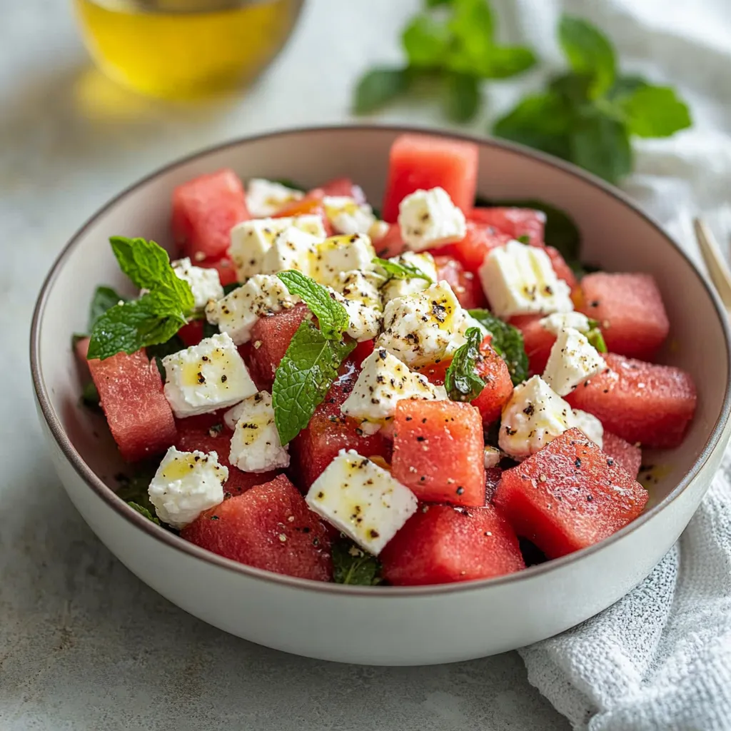 A bowl of watermelon and feta cheese.