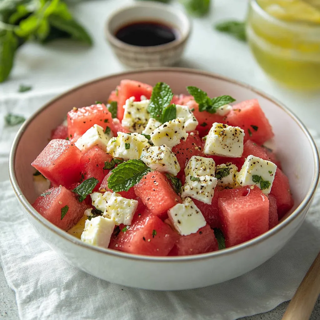 A bowl of watermelon with feta cheese and mint.