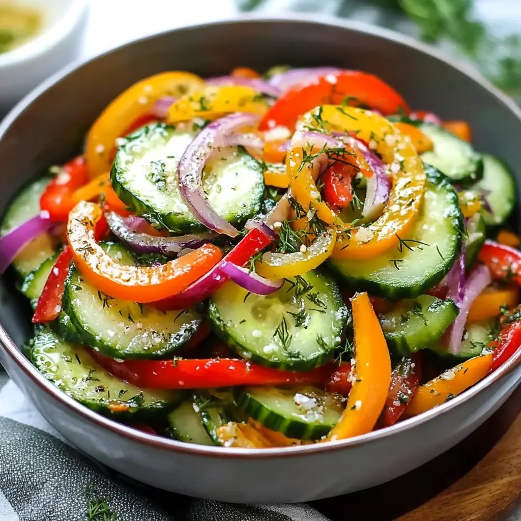 A bowl of vegetables with cucumbers, peppers, and onions.