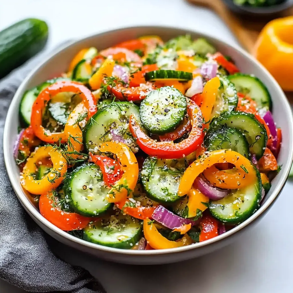 A bowl of vegetables including cucumbers, peppers, and tomatoes.