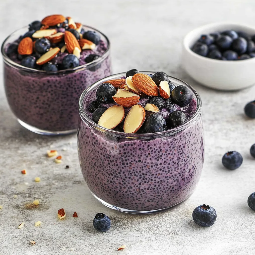 Two glasses of blueberry yogurt with nuts on top.
