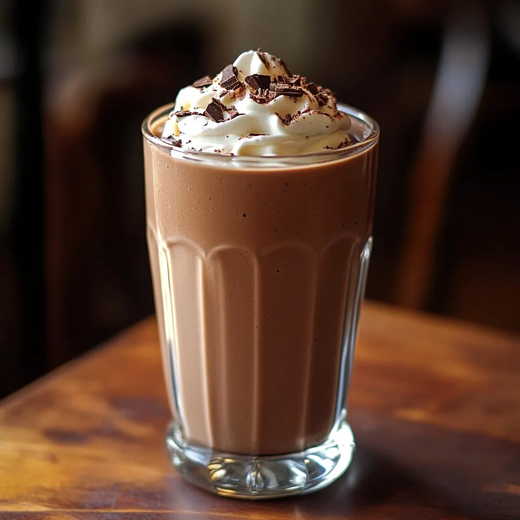 A glass of chocolate milk with whipped cream.