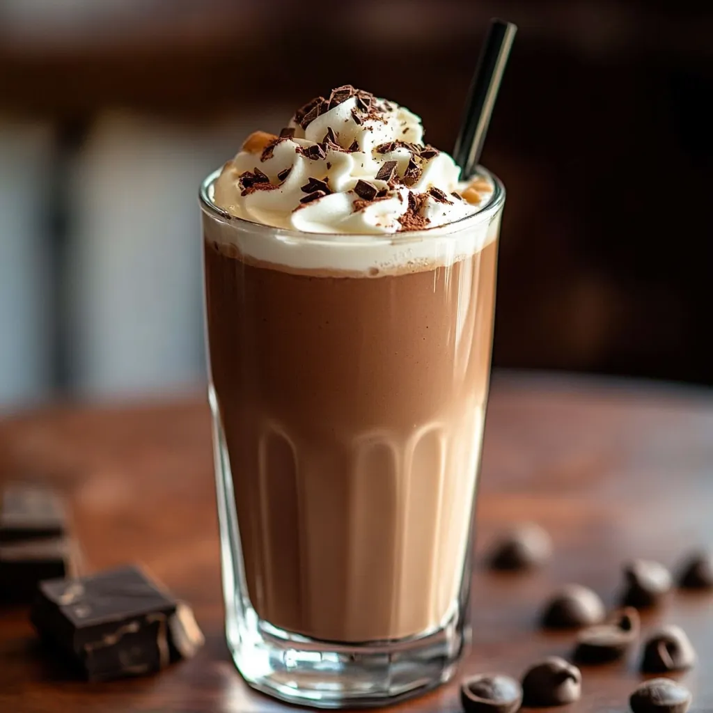 A glass of chocolate milk with whipped cream.
