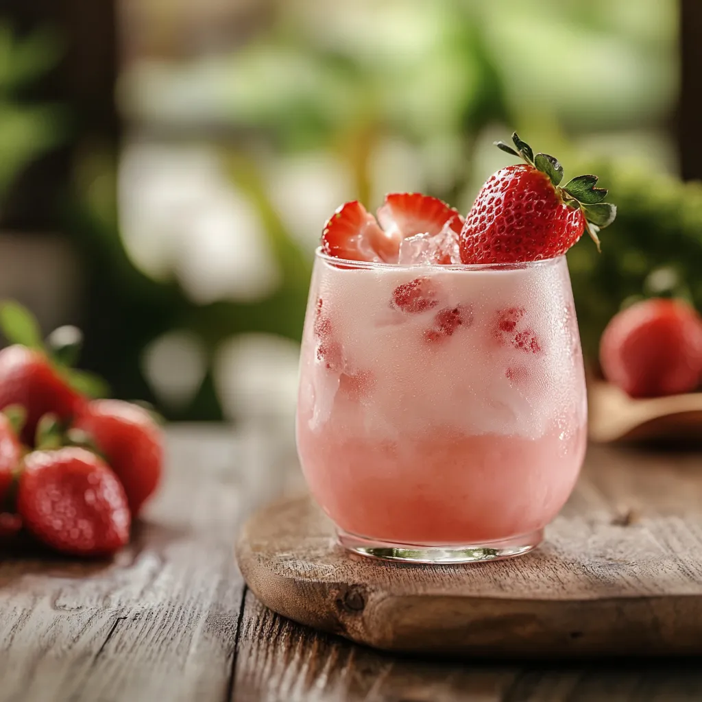 A glass of pink drink with strawberries.