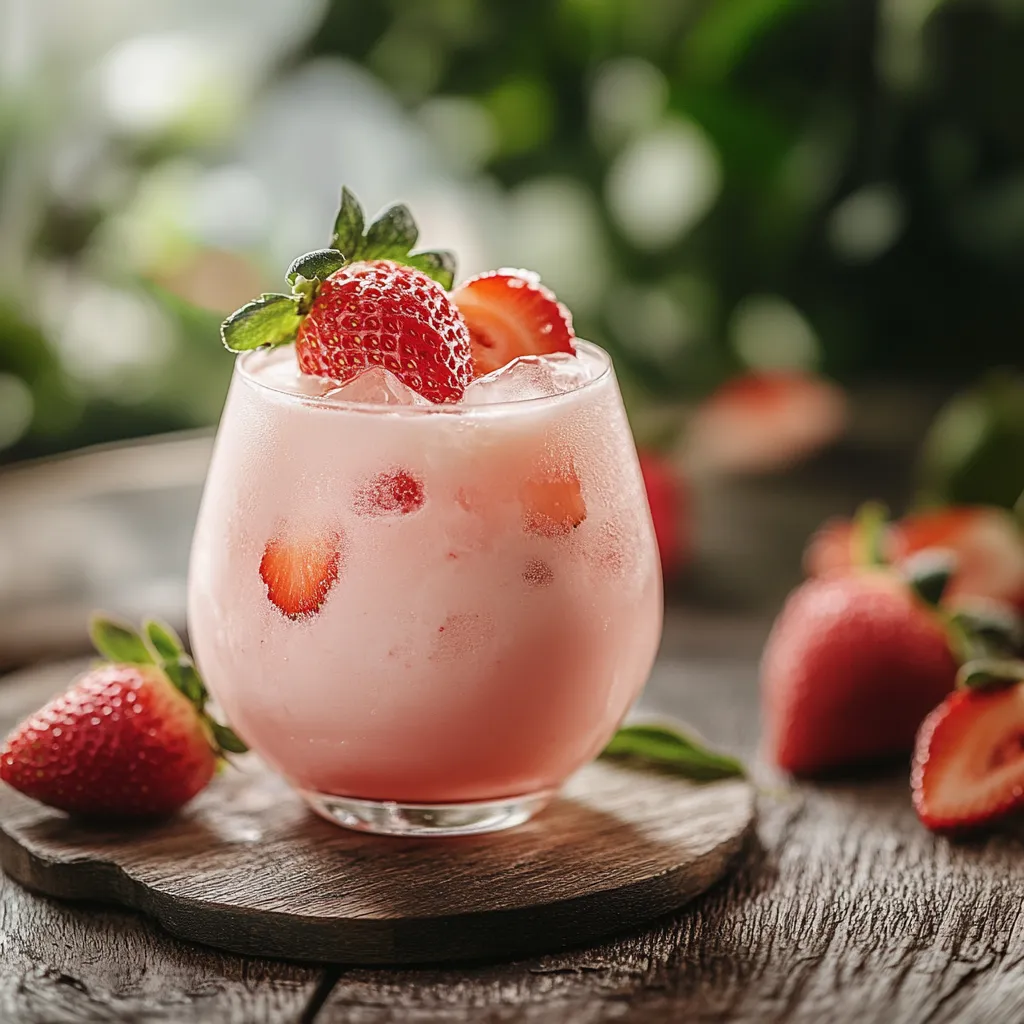A glass of pink drink with strawberries.