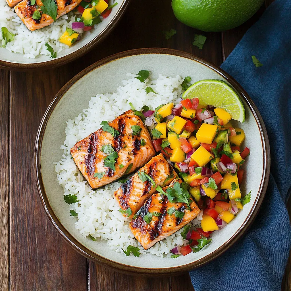 Two plates of food with fish and fruit.