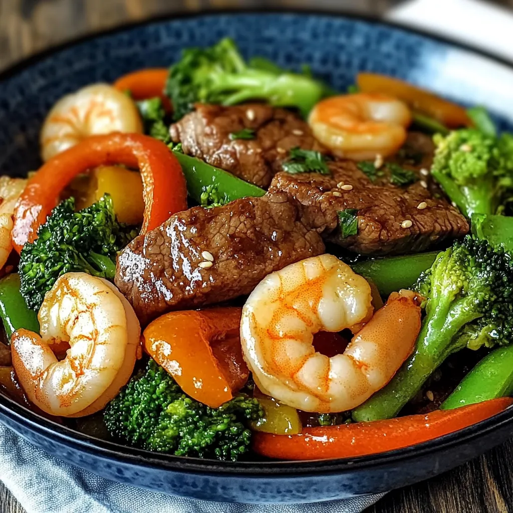 A bowl of food with shrimp, broccoli, and peppers.