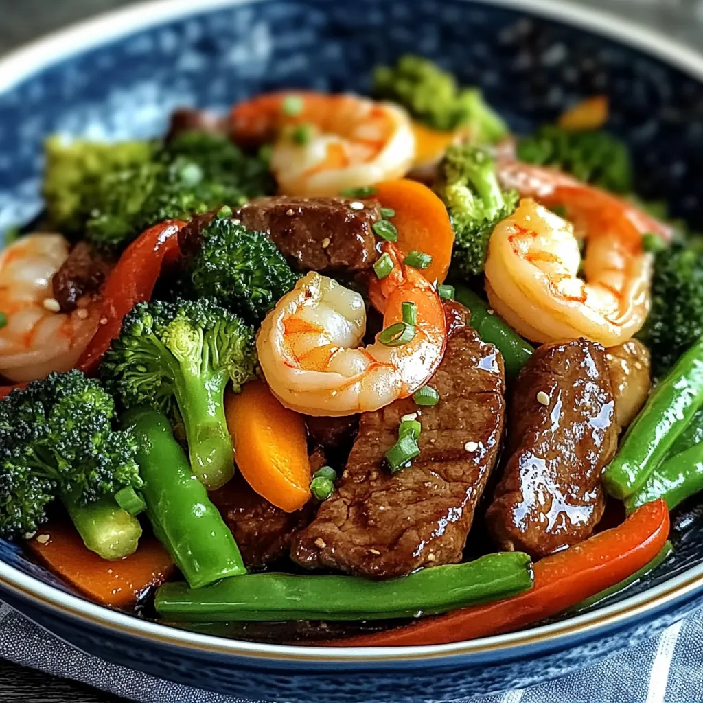A bowl of food with shrimp, broccoli, carrots and peppers.