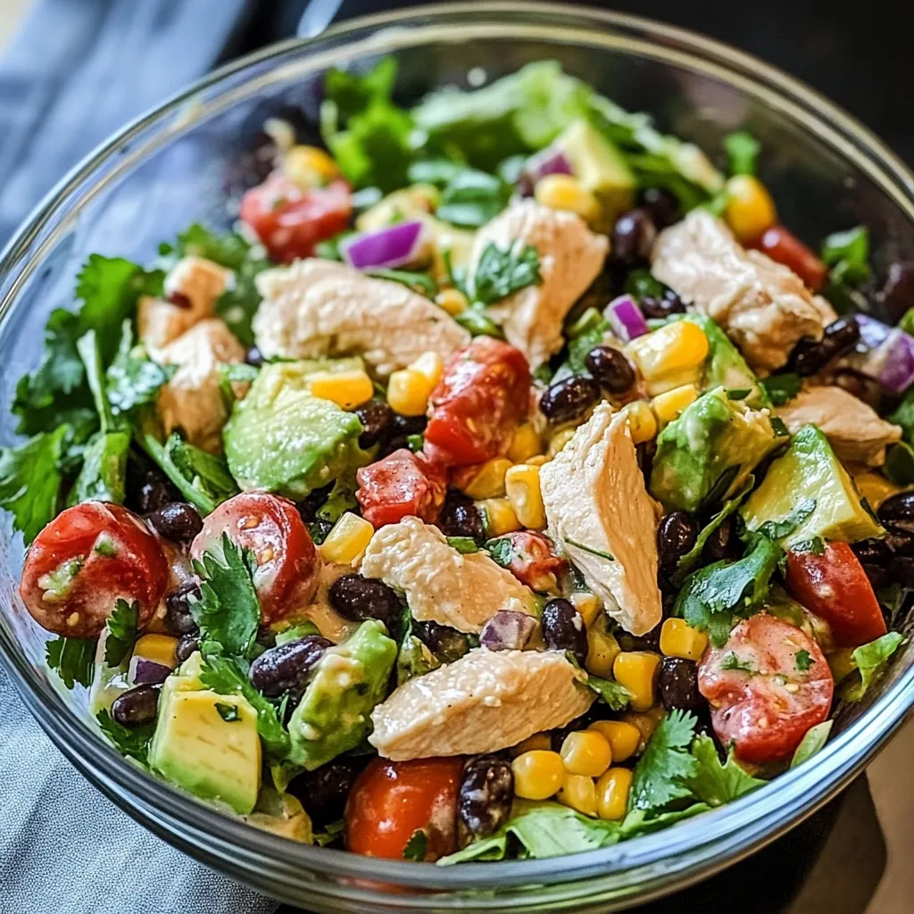 A bowl of salad with chicken, tomatoes, corn, and avocado.