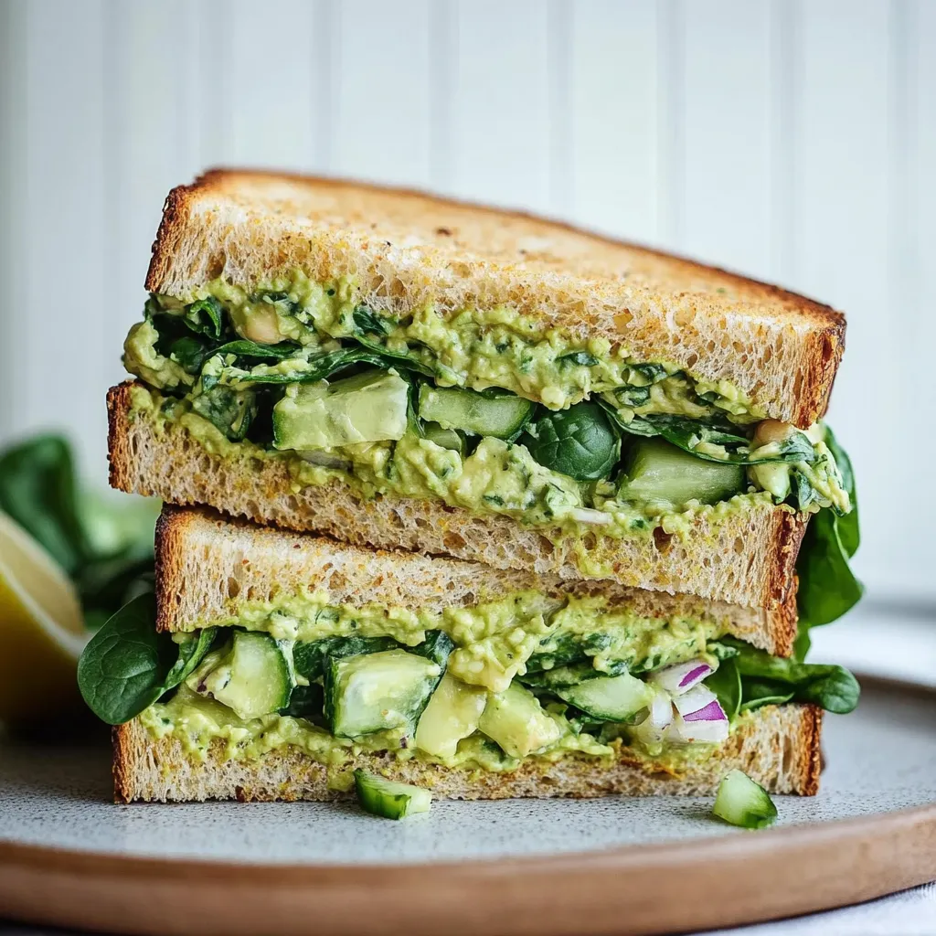 A sandwich with lettuce, avocado, and cucumber.