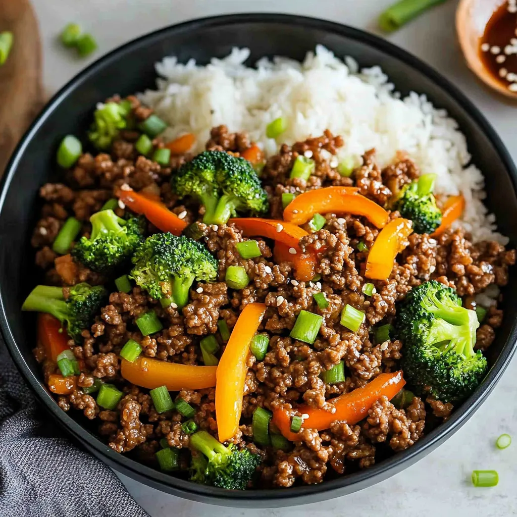 A bowl of beef and broccoli with rice.