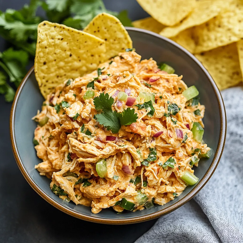 A bowl of chicken salad with a green garnish.