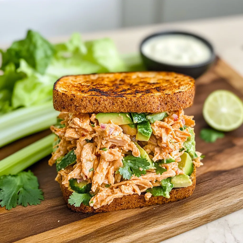A sandwich with lettuce and avocado on a wooden cutting board.