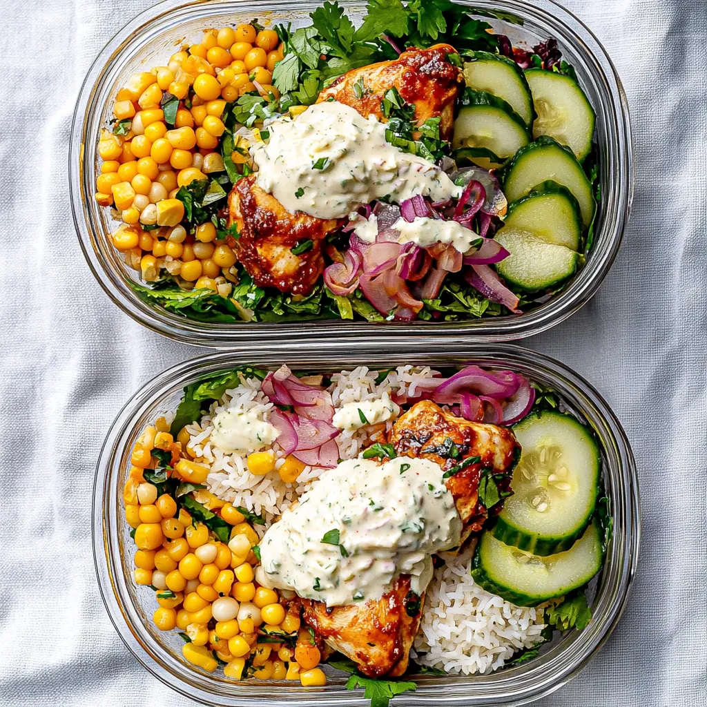 Two containers of food with rice, corn, and vegetables.