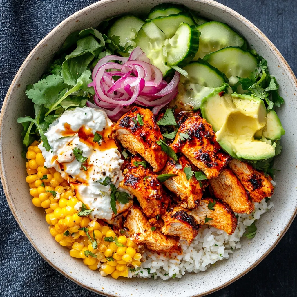A bowl of food with rice, chicken, cucumbers, and onions.