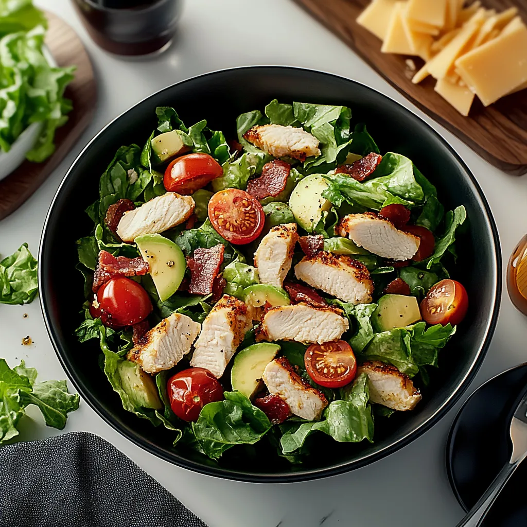 A bowl of salad with chicken and tomatoes.