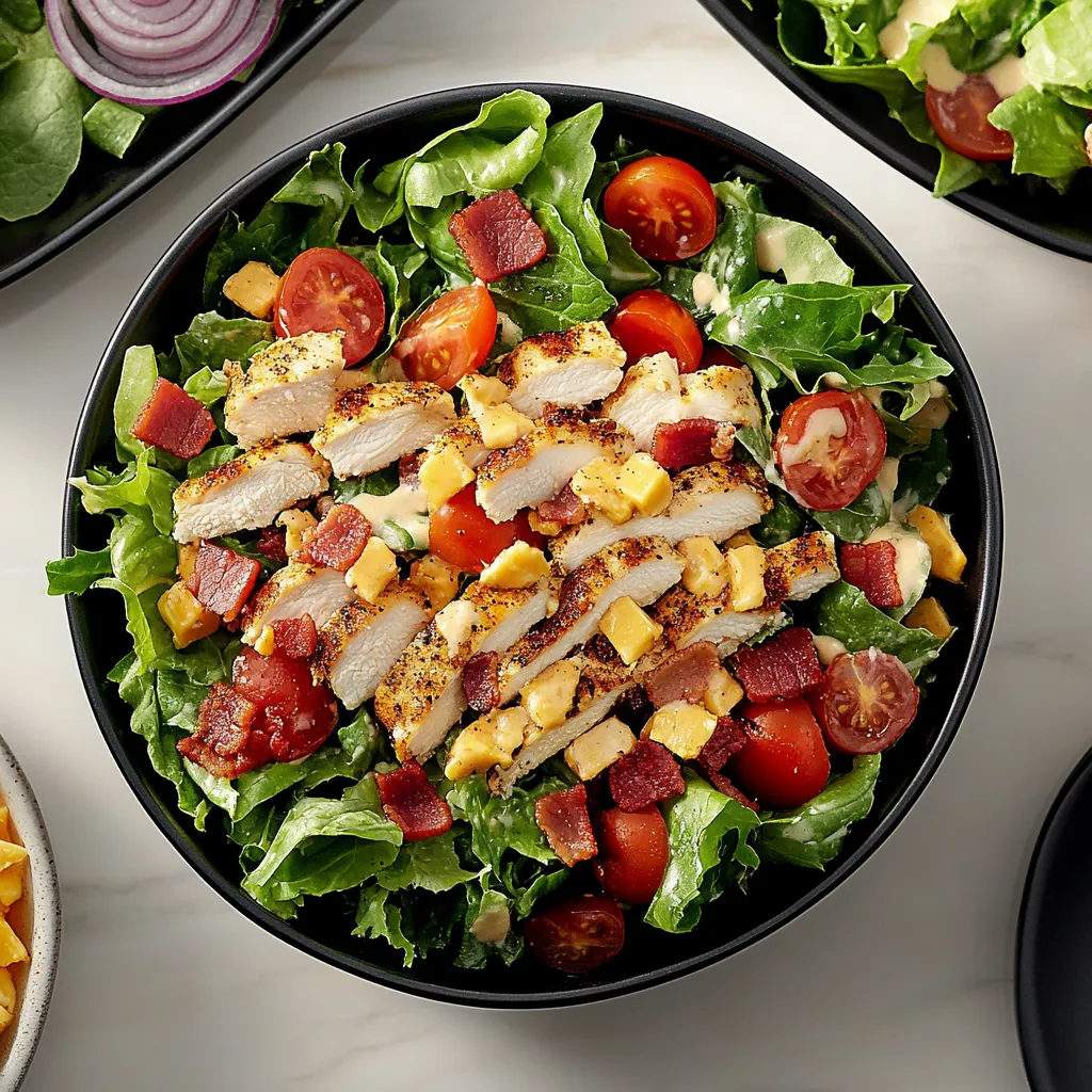 A bowl of salad with chicken and tomatoes.