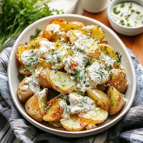 A white bowl filled with potatoes and sauce.