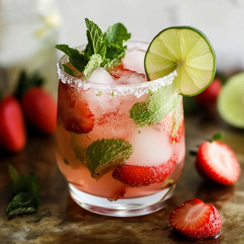 A glass of pink drink with strawberries and mint.
