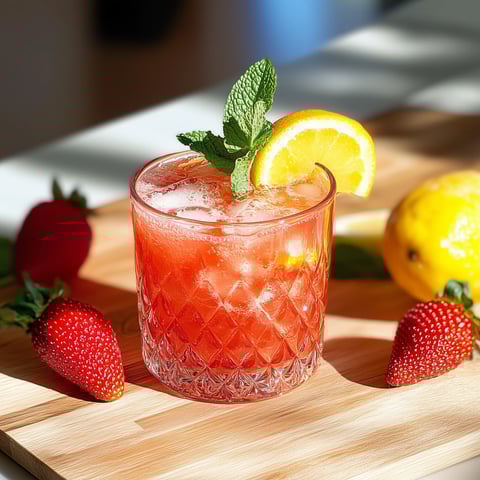 A glass of red drink with a lemon slice and mint leaf.
