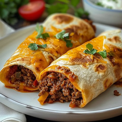 Two burritos with cheese and meat on a plate.