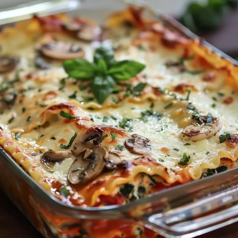 A pan of lasagna with mushrooms and spinach.