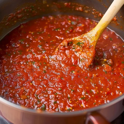 A wooden spoon is in a pot of red sauce.