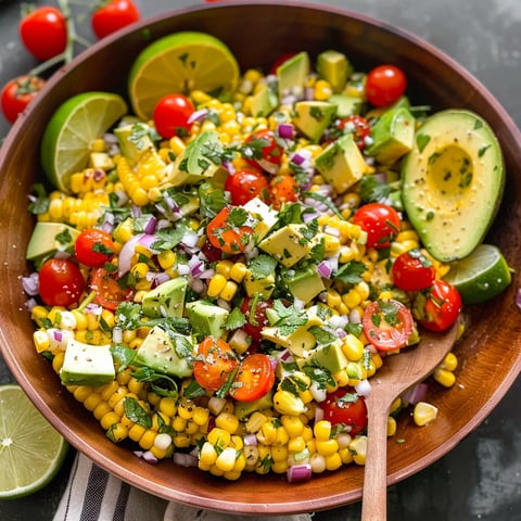 A bowl of food with tomatoes, corn, limes, and avocado.
