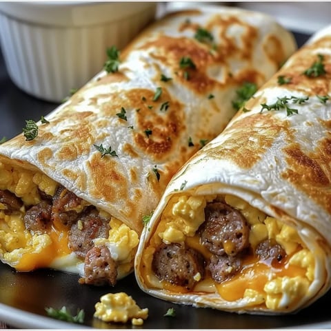 A plate with two burritos and a bowl of sour cream.