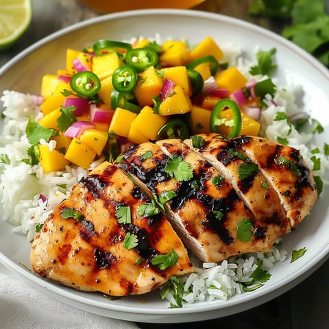 A plate of food with rice, chicken, and peppers.