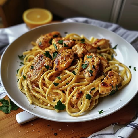 A plate of chicken and pasta.