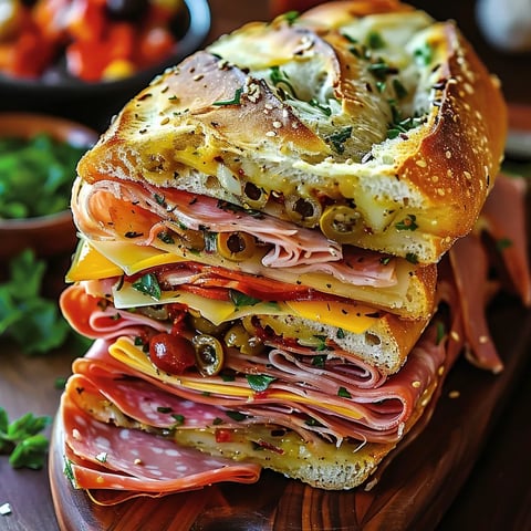 A large sub sandwich with meat and cheese.