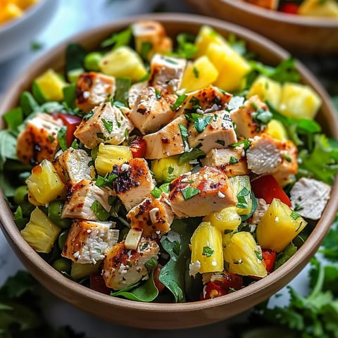 A bowl of chicken salad with pineapple, tomatoes, and greens.