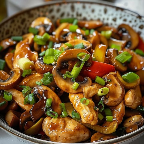 A bowl of food with mushrooms and peppers.