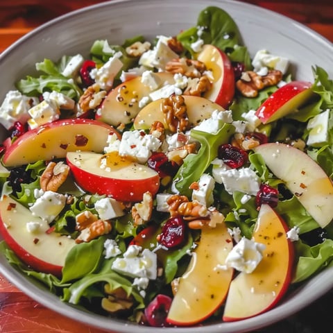 A bowl of salad with apples, walnuts, and feta cheese.