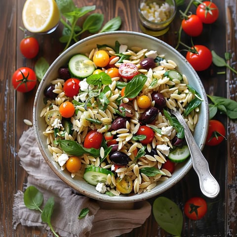 A bowl of salad with tomatoes, cucumbers, olives, and pasta.