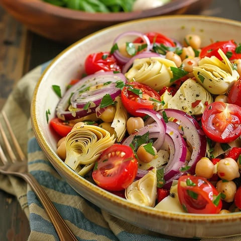 A bowl of vegetables with tomatoes, onions, and chickpeas.